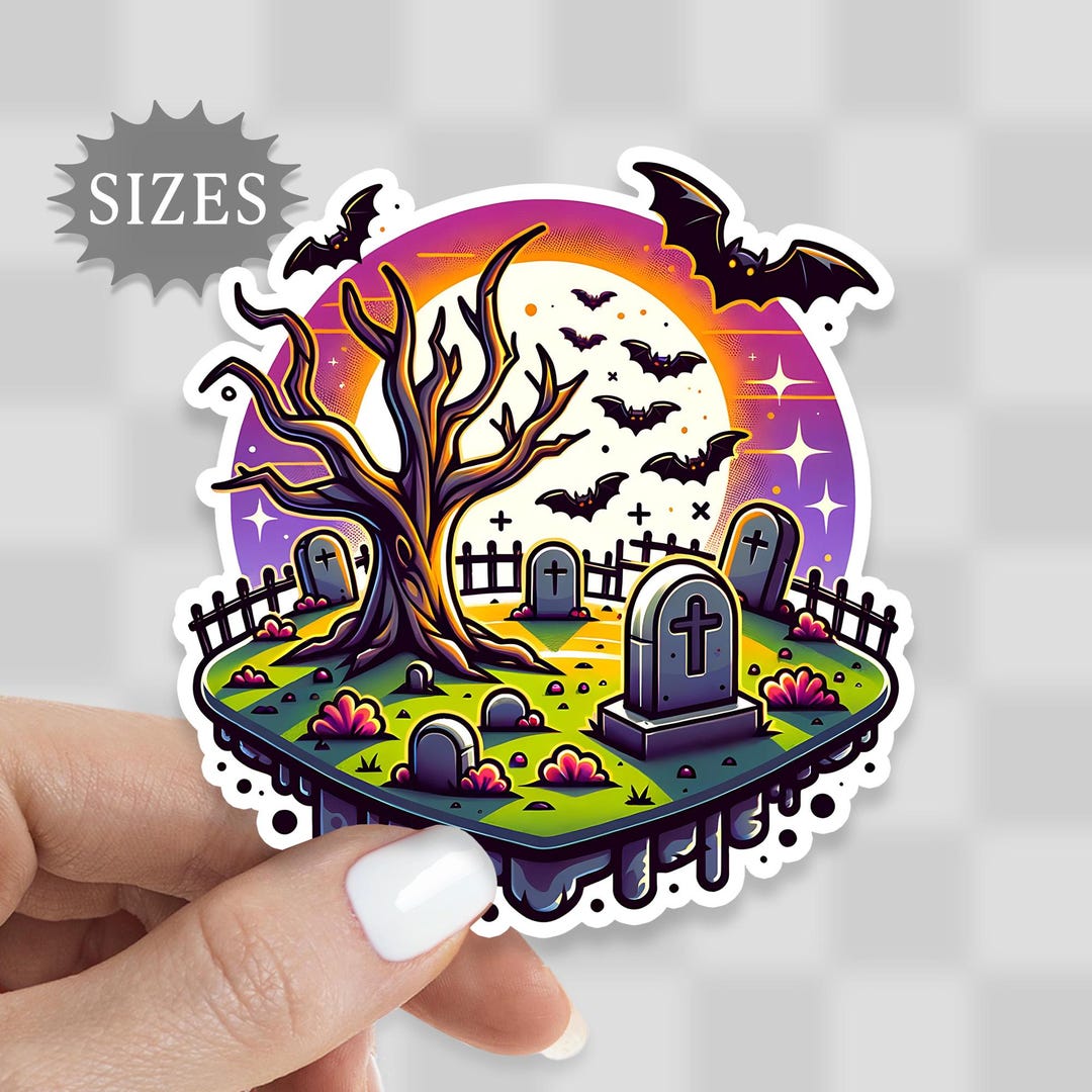 Graveyard Halloween Sticker: Tombstones and Bats, Waterproof Vinyl ...