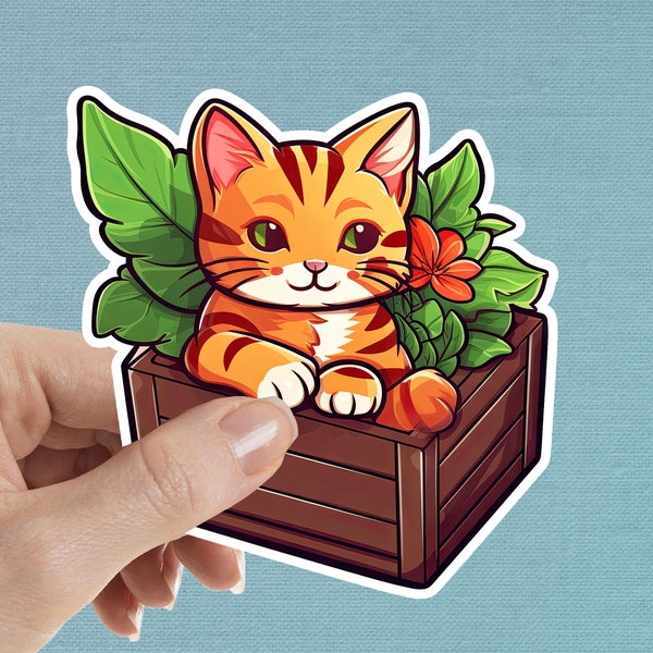 Cat Sitting in a Planter, I Fit I Sit Cat Sticker, Cat in a Box Sticker, Water Bottle Sticker, Laptop Sticker, Waterproof Vinyl Sticker