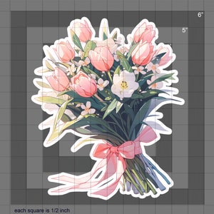 May include: A bouquet of pink tulips and white flowers tied with a pink ribbon. The bouquet is approximately 6 inches tall.