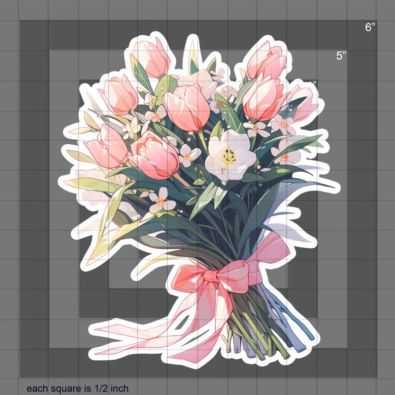 May include: A bouquet of pink tulips and white flowers tied with a pink ribbon. The bouquet is approximately 6 inches tall.