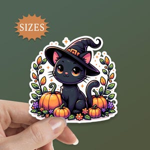 Cute Halloween Black Cat Sticker, Witch Cat Sticker, Familiar, A sticker for your Water Bottle, Laptop, Tablet, Phone. Halloween Waterproof