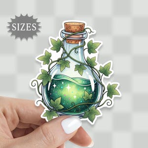 May include: A sticker featuring a potion bottle with a cork stopper, filled with a glowing green liquid and sparkling stars. Green ivy vines and leaves wrap around the bottle. The word "SIZES" is in a gray starburst shape.