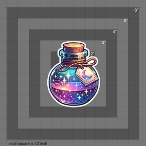 May include: A glass bottle with a cork stopper filled with a purple and blue liquid with gold glitter and stars. The bottle has a brown twine tied around the neck with a tag that says "moon" with a crescent moon symbol.