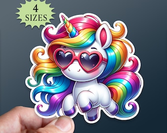 Rainbow Unicorn Sticker: Heart Sunglasses, Waterproof Vinyl Decal