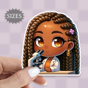 May include: A cartoon illustration of a Black girl with brown braids wearing a white lab coat and looking through a microscope. She has a pink flower in her hair and a gold hoop earring.