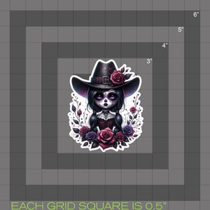 May include: A sticker featuring a cartoon girl with a black cowboy hat, a red and black dress, and a skull face. She is surrounded by red and purple roses and green leaves. The sticker is 3 inches tall and 3 inches wide.