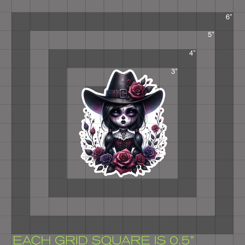 May include: A sticker featuring a cartoon girl with a black cowboy hat, a red and black dress, and a skull face. She is surrounded by red and purple roses and green leaves. The sticker is 3 inches tall and 3 inches wide.