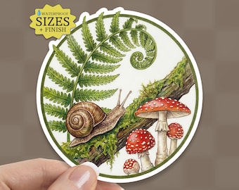 PNW Woodland Sticker: Snail, Fern, and Mushrooms Waterproof Vinyl Decal