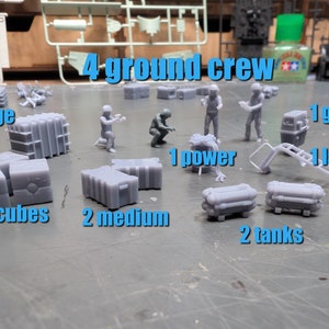 May include: A collection of gray plastic model figures and accessories, including four ground crew figures, one power unit, one ladder, one gn-k unit, three cubes, two medium boxes, and two tanks. The text "4 ground crew" is written on the table.