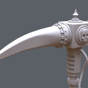 May include: A white, 3D-printed, steampunk-style hammer with a skull design on the head. The hammer has a long, curved handle and a spiked top.