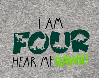 May include: A gray t-shirt with a green dinosaur graphic that says "I am Four Hear Me Rawr!"