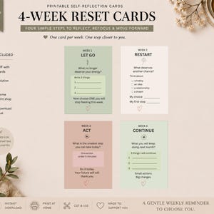 Könnte beinhalten: Ein Set aus vier druckbaren Selbstreflexionskarten mit dem Titel 4-Week Reset Cards. Jede Karte hat einen anderen pastellfarbenen Hintergrund, darunter Salbeigrün und zartes Rosa, mit Aufforderungen für wöchentliche Aufgaben wie Let Go und Restart.