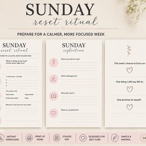 Könnte beinhalten: Ein dreiseitiger, ausdruckbarer Planer mit dem Titel Sunday Reset Ritual. Die Seiten enthalten Abschnitte für mentale Klarheit, Ordnung, Körperpflege und Reflexion mit Aufforderungen, Schreibzeilen und kleinen rosa Symbolen mit Strichzeichnungen.
