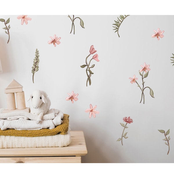 Wildflower Nursery Wall Sticker Kids Room Flower Wall Stickers Nursery Decor Pink Flower Wall Decal Floral Wall Decal Flowers Leaves Sticker