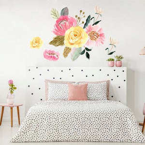 Pink and Yellow Floral Wall Stickers, Large Floral Wall Decals, Flower Wall Stickers, Nursery Wall Stickers, Girl&#39;s Bedroom Wall Decor