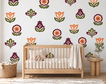 Folk Flower Wall Stickers, Scandi Floral Nursery Decor, Tulip Bellflower Wall Decals, Girls Kids Room Plum Orange Peel and Stick Wall Art