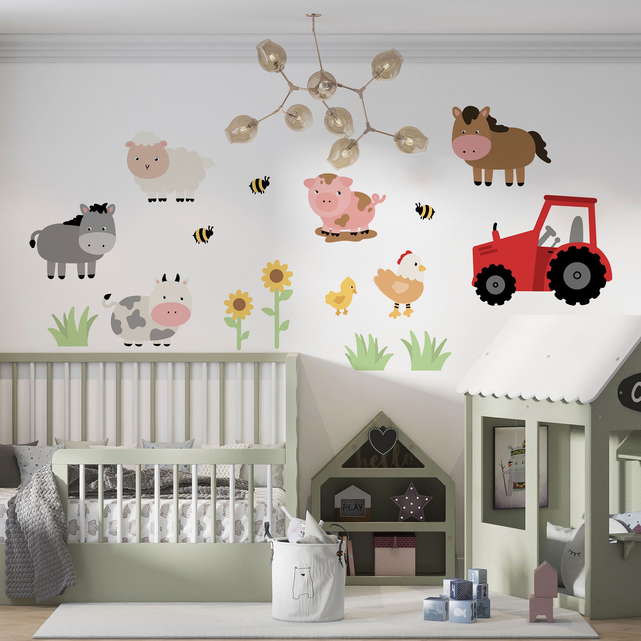 Stickers Muraux ANIMAUX DE LA FERME – 180 X 78 Cm – Autocollant Chambre Bébé/enfant – Décoration Repositionnable Sans Trace