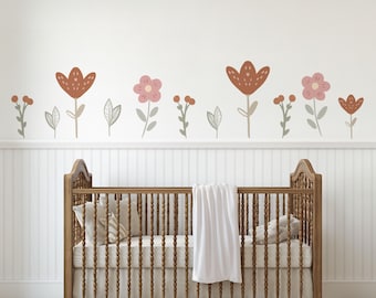 Boho Blumen-Wandaufkleber für Kinderzimmer, Blumenkinderzimmer-Wandaufkleber, neutrales Babyraum-Dekor, Retro Blumenschalen- und -stick-Abziehbilder