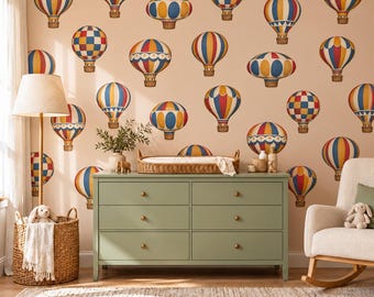 Hot Air Balloon Wall Stickers, Travel Nursery Decor, Gouache Balloon Wall Decals, Kids Room Red Navy Mustard Peel and Stick Wall Art
