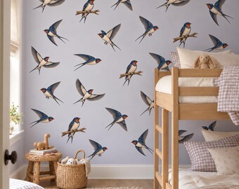 Swallow Wall Stickers, Bird Nursery Decor, Vintage Swallow Wall Decals, Woodland Kids Room Navy Rust Bird Peel and Stick Wall Art