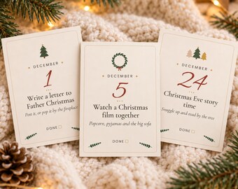 Christmas Advent Activity Cards Printable, Boho Family Advent Calendar, 24 Activity Ideas, Countdown Tracker, A4 Letter A6 PDF