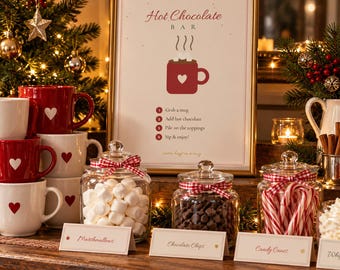 Hot Chocolate Bar Printables, Hot Cocoa Bar Sign, Topping Labels, Warm Wishes Favour Tags, Recipe Card, Christmas Party Decor