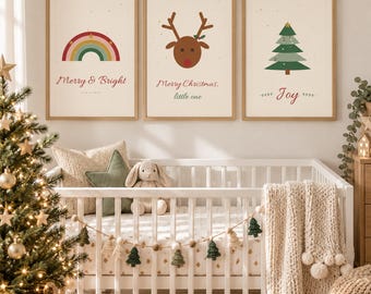 Boho Christmas Nursery Prints Set of 3, Merry and Bright, Reindeer, Christmas Tree Wall Art, Neutral Christmas Printable Decor