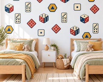 Dice Wall Stickers, Board Game Room Decor, Retro Dice Domino Wall Decals, Gamer Teen Kids Room Red Navy Mustard Peel and Stick Wall Art