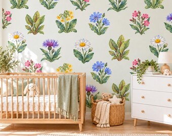 Wildflower Wall Stickers, Floral Nursery Decor, Cowslip Cornflower Wall Decals, Girls Kids Room Watercolour Flower Peel and Stick Wall Art