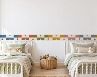 Checker Wall Border Stickers, Boho Nursery Decor, Geometric Checkerboard Wall Decals, Kids Room Terracotta Blue Peel and Stick Wall Art