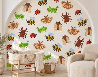 Bug Wall Stickers, Insect Nursery Decor, Ladybird Bee Grasshopper Beetle Wall Decals, Kids Room Crayon Minibeast Peel and Stick Wall Art