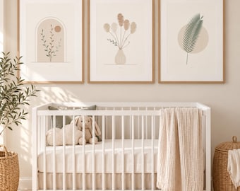 Boho Botanical Nursery Prints Set of 3, Pampas Grass Palm Leaf Arch Wall Art, Neutral Minimalist Printable Wall Art, Beige Nursery Decor