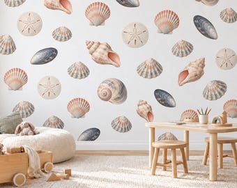 Seashell Wall Stickers, Beach Nursery Decor, Shell Sand Dollar Mussel Wall Decals, Kids Room Coastal Peach Blue Peel and Stick Wall Art