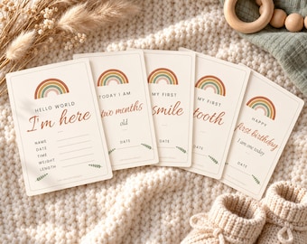 Baby Milestone Cards Printable, 40 Boho Rainbow Monthly & Firsts Set, Gender Neutral Photo Prop