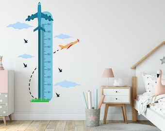 Vinilo decorativo de pared con gráfico de altura de avión azul: Adhesivo para el gráfico de crecimiento infantil