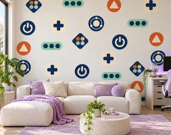 Gamer Wall Stickers, Gaming Room Decor, Controller Button Wall Decals, Boys Kids Bedroom Navy Orange Teal Peel and Stick Wall Art