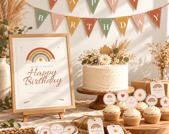 Boho Rainbow Birthday Party Printables, Happy Birthday Banner, Welcome Sign, Cupcake Toppers, Invitation, Neutral Party Decor