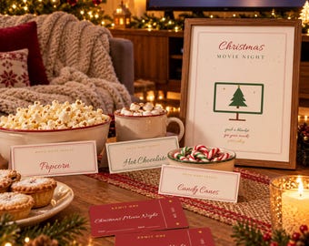 Christmas Movie Night Printables, Movie Tickets, Snack Labels, Christmas Film Bucket List, Movie Review Cards, Family Movie Night