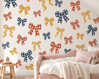 Bow Wall Stickers, Gingham Bow Nursery Decor, Navy Rust Mustard Bow Wall Decals, Kids Room Vintage Ribbon Peel and Stick Wall Art