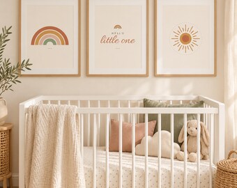 Boho Nursery Wall Art Set of 3, Rainbow Sun Hello Little One Prints, Terracotta Nursery Decor, Gender Neutral Printable Wall Art