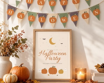 Halloween Kids Party Printables, Cute Halloween Activity Pack, Bingo, Word Search, Maze, Bunting, Treat Bag Tags, Boho Pumpkin, A4 Letter