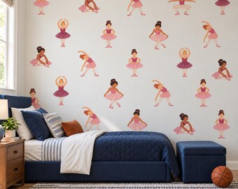 Ballerina Wall Stickers, Ballet Nursery Decor, Dancer Wall Decals, Girls Bedroom Pink Tutu Diverse Ballerina Peel and Stick Wall Art