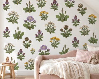 Wildflower Wall Stickers, Meadow Flower Nursery Decor, Yarrow Scabious Botanical Wall Decals, Kids Room Lilac Yellow Peel and Stick Wall Art