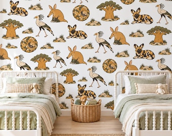Safari Animal Wall Stickers, African Nursery Decor, Wild Dog Aardvark Pangolin Wall Decals, Kids Room Ochre Baobab Peel and Stick Wall Art