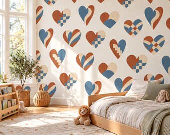 Heart Wall Stickers, Boho Heart Nursery Decor, Woven Folk Heart Wall Decals, Kids Room Dusty Blue Rust Peel and Stick Wall Art
