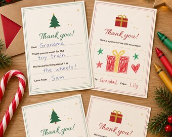 Kids Christmas Thank You Cards Printable, Fill in the Blank Thank You Notes, Colour In Cards, Draw Your Present, Christmas Gift Thank You