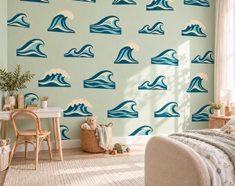 Ocean Wave Wall Stickers, Surf Nursery Decor, Retro Wave Wall Decals, Coastal Kids Room Teal Navy Peel and Stick Wall Art