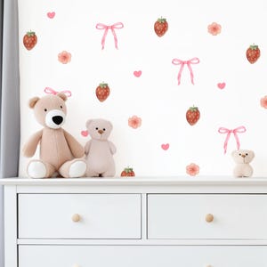 Väggdekaler med jordgubbsrosett, barnrum, självhäftande väggdekaler, rosa blommor, babyflicka sovrum, boho väggdekor, avtagbar