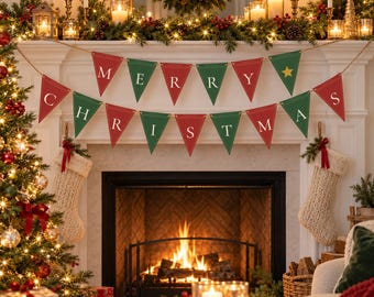 Merry Christmas Banner Printable, Christmas Bunting, Red and Green Pennant Banner, Joy Noel Banner, Christmas Mantel Decor