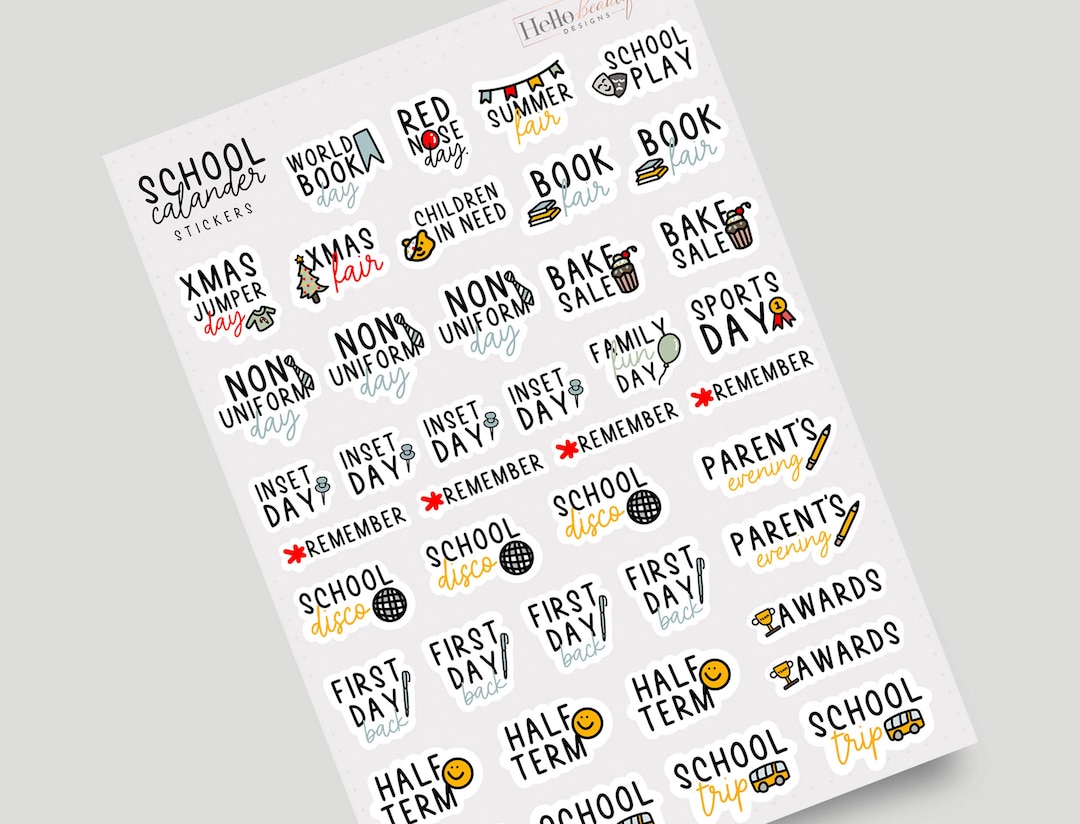 School Calendar Sticker Sheet, School Planner Stickers, Calendar ...